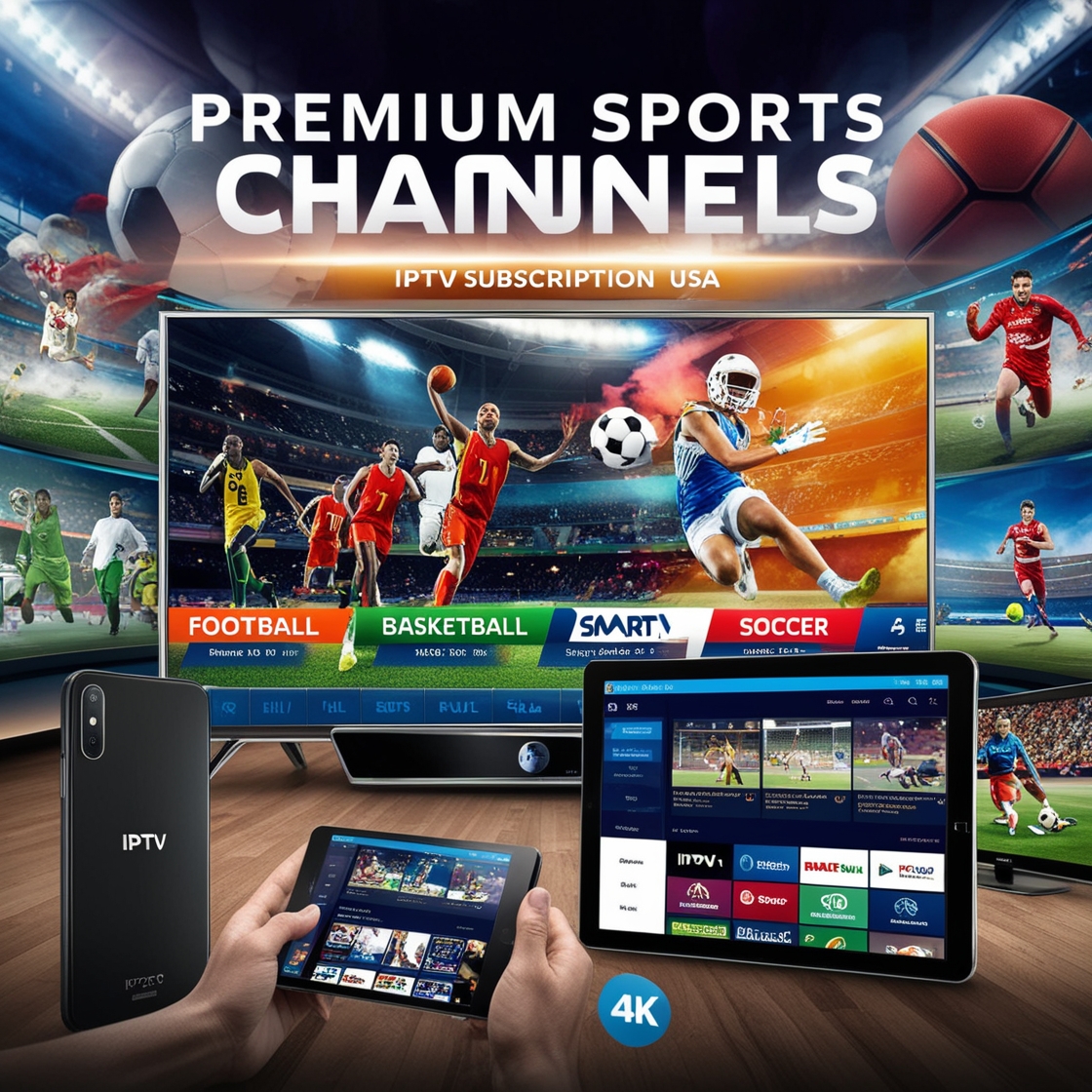 A dynamic image representing premium sports channels offered by IPTV Subscription USA