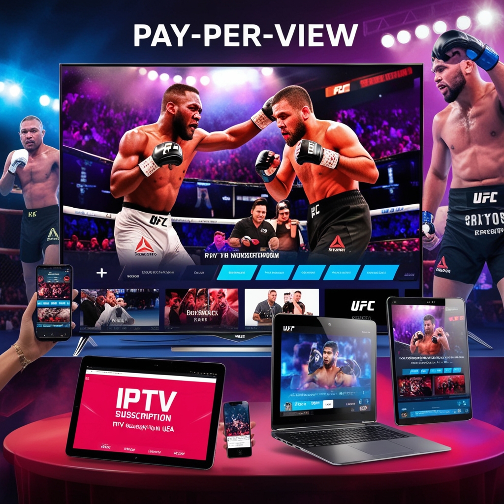 A vibrant and dynamic image showcasing a Pay-Per-View event streaming on IPTV Subscription USA. The scene includes a large smart TV displaying a live sports event, such as a boxing match or UFC fight, with intense action shots